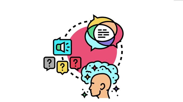 Head with brain generating sparkling ideas, surrounded by question marks, a megaphone, and interconnected chat bubbles representing interactive conversation and concept exchange