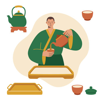 Tea ceremony: tea host in a kimono-style robe pours tea from a teapot