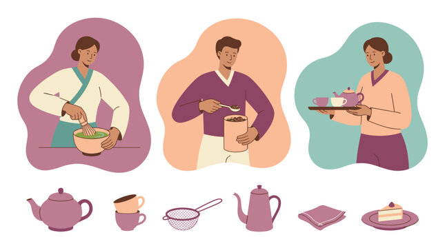 Three tea ceremony scenes: tea host whisking matcha