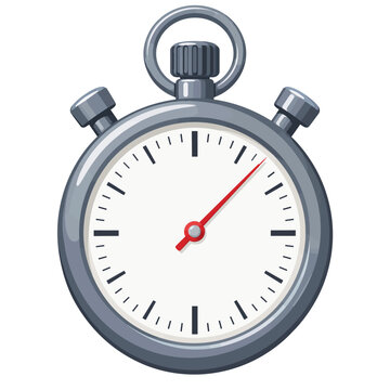 Silver Analog Stopwatch with Red Hand Flat Vector Illustration Isolated on White