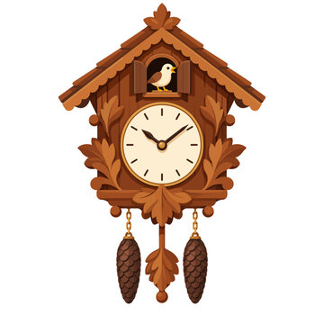 Traditional Wooden Cuckoo Clock with Bird and Pinecone Weights Flat Vector