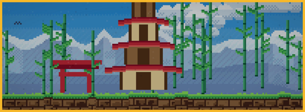 Pixel art Japanese landscape banner, retro pagoda temple and bamboo forest game background, 8-bit side scroller scene vector asset