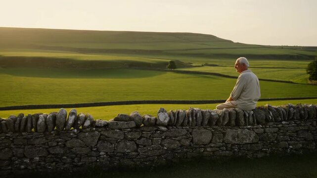 Older man sits on dry stone wall overlooking rolling green fields as view gradually widens, revealing rural landscape with winding field boundaries and warm sunlight