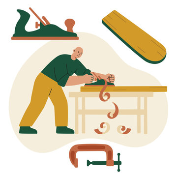 Woodworking: carpenter planes a wooden board on a workbench