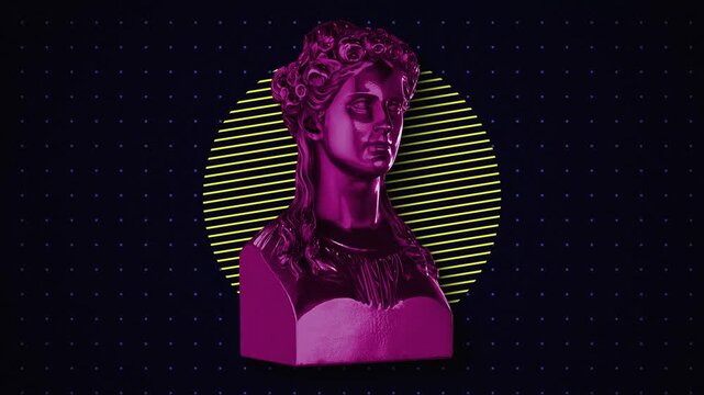 Animated background featuring a classical Greek bust with bold neon geometric shapes. Ideal for music videos, social media, and presentation backdrops.
