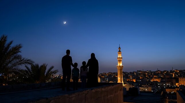 Family silhouettes viewing the cityscape and a mosque minaret under the evening sky with children twilight silhouette parenting