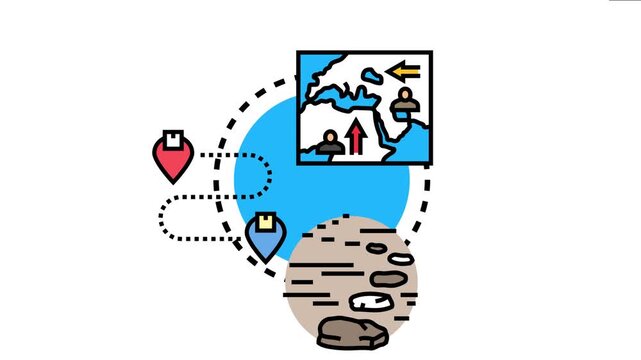 Illustration depicting multiple travel paths and location pins on a map. Conceptualizing navigation. Strategic planning. And the exploration of various journey choices for business and personal travel