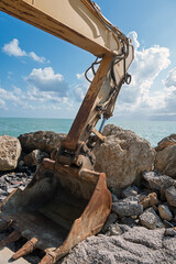 Close-up of heavy excavator tracks and boom on a seaside construction site. © Janis Smits