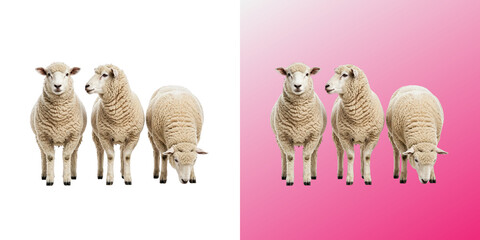 Three Woolly Sheep, fluffy white farm animals standing together with one grazing down © Design Helbox