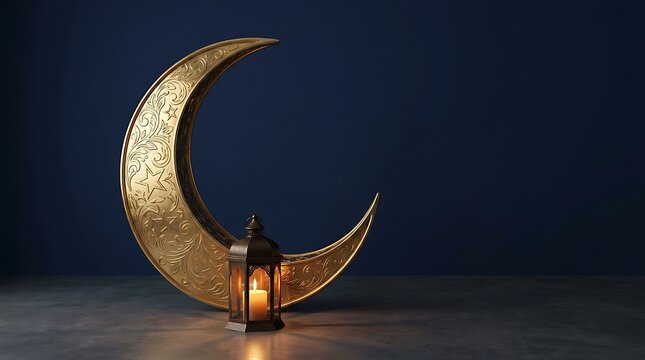 Decorative glowing golden crescent moon sculpture standing on a dark textured surface with celebration