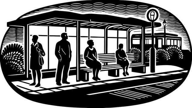 People Waiting at Bus Stop Station Silhouette Vector Icon