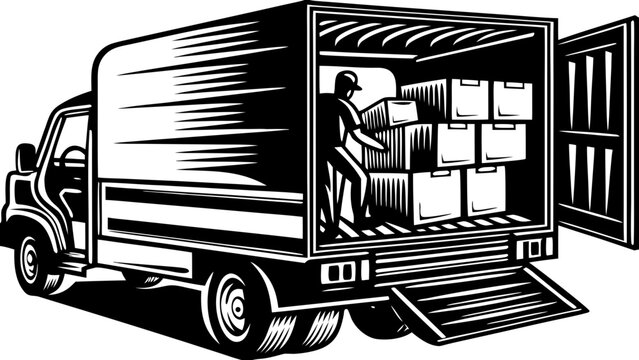 Delivery Cargo Truck Loading Parcel Boxes Silhouette Vector Icon