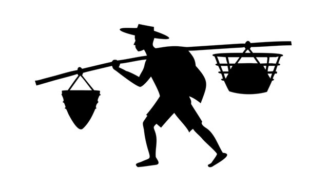 Traditional Farmer Carrying Baskets Yoke Pole Silhouette Vector Icon