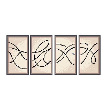 Set of four framed abstract wall art prints with minimalist black line drawings on beige background.