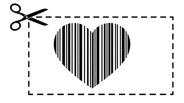Black heart barcode icon with dashed cut out line
