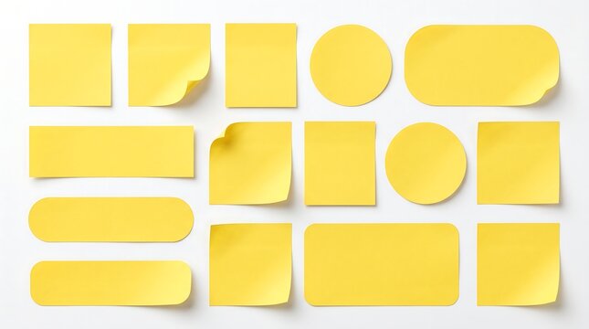 Yellow sticky notes collection of various shapes and sizes isolated on a clean white background for office and school design