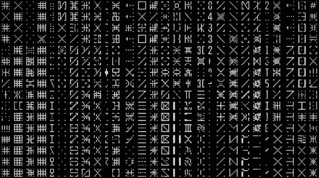 High density digital symbols and characters arranged in grid pattern on black background with geometric characters densely structured grid formation monochrome pattern digital complexity pixel art