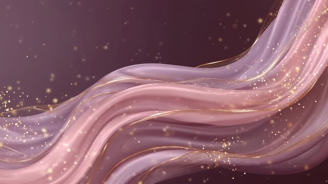 Abstract rose gold satin fabric waves flowing slowly with golden glitter particles on dark mauve background, seamless loop, luxury beauty motion background