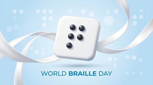 World braille day celebration featuring raised dot pattern on white square against light blue background with ribbon with backdrop ribbon elements accessibility communication recognition awareness