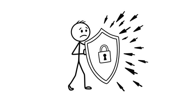 Stick figure with padlock shield protecting from mouse cursor arrows isolated on transparent background. For cyber security, data privacy, internet safety, firewall protection, online threat defense.