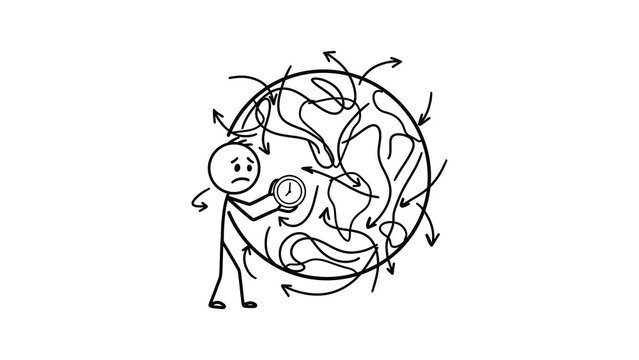 Concerned stick figure holding clock next to chaotic tangled globe isolated on transparent background. Metaphor for global climate urgency, time running out, world crises, and complex global problems.