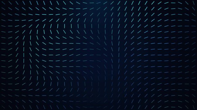 Digital vector field motion graphics background featuring undulating blue cyan glowing dashes rotating smoothly in a dynamic wave loop for futuristic cyber data technology science visualization