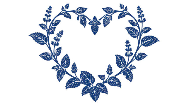 Mint Leaf Heart Wreath Illustration Blue Botanical Frame