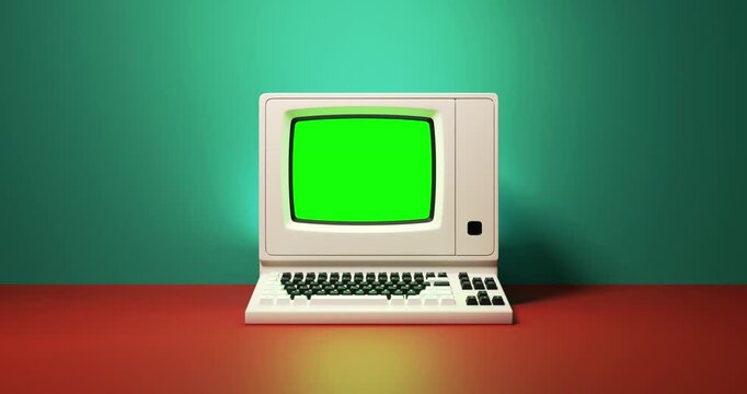 Camera pulling back from retro classic personal computer turning on revealing blank green screen in colorful room