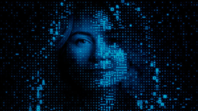 Female Face formed from Machine Code. Access Control Concept.