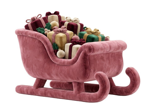 Pink velvet Christmas sleigh filled with wrapped gifts, holly and ornaments, plush upholstered Santa sleigh decoration, isolated 