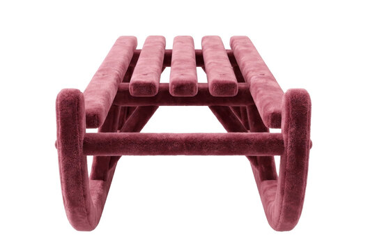 Pink velvet plush sled, soft faux fur upholstered Christmas winter sleigh decoration, front view, isolated on white
