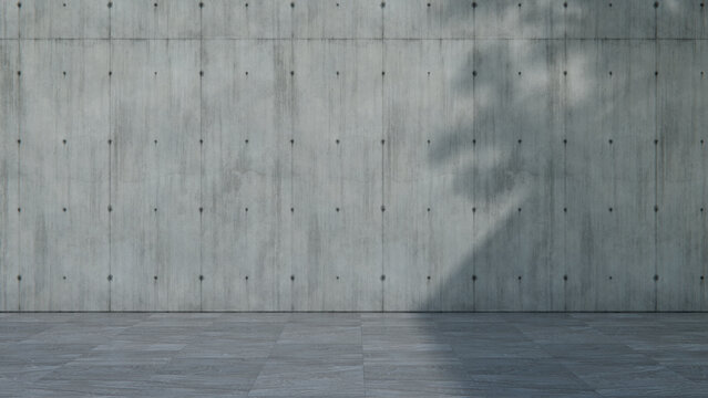 Large Concrete Panel Wall Backdrop with Bare Tiled Floor, Clear Daylight and Shadow Pattern. Poster Mockup Concept with copy-space.
