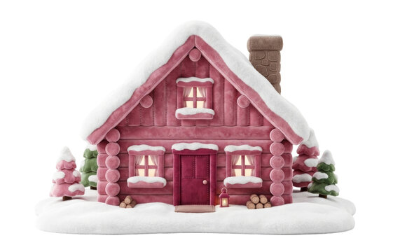 Pink velvet snowy log cabin with glowing windows, lantern, firewood and little fir trees, cozy winter Christmas scene, isolated