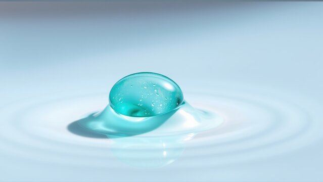 Turquoise waterdrop impacts surface, creating ripples. Minimalist composition, clean aesthetic, focus on fluid dynamics. Subtle light reflections present.