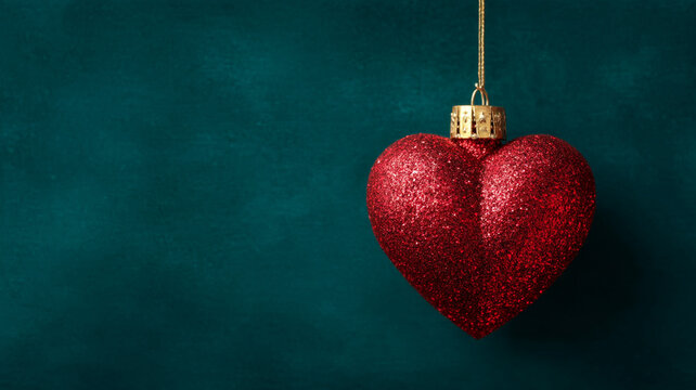 Red glitter heart Christmas ornament hanging against dark teal background creates warm holiday scene filled with love and sparkle