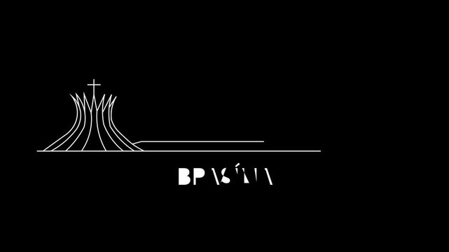 Minimalist white line art depicts Bras&iacute;lia skyline