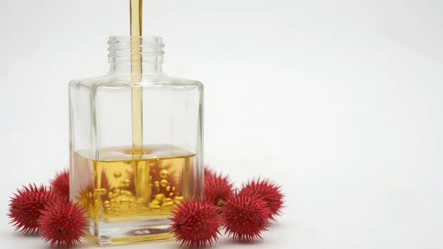 Herbal Oil Pouring into Glass Bottle - Surrounded by Red Castor Seeds on White Background - High Quality Macro Studio Footage
