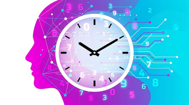 Digital mind concept with clock face and binary code overlaying a human profile silhouette