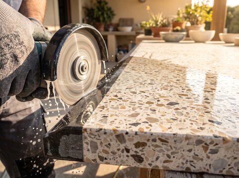 Worker using an angle grinder to smooth the edge of a terrazzo stone slab with construction masonry fabrication surface finishing hand tools