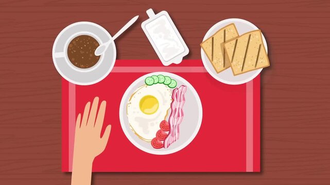 Person eating delicious breakfast with fried egg bacon and coffee on wooden table top down view