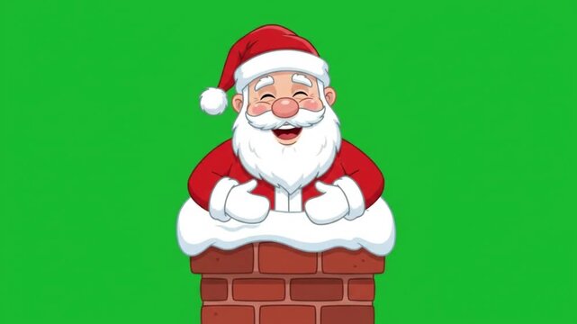 Cheerful cartoon santa claus waving from chimney 4k 60fps green screen for christmas.