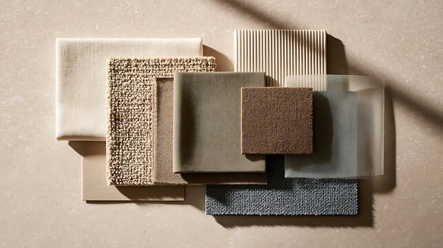 Minimalist interior design mood board, neutral fabric and material samples flat lay. Interior designer color palette swatches, textured textiles and surfaces for decor