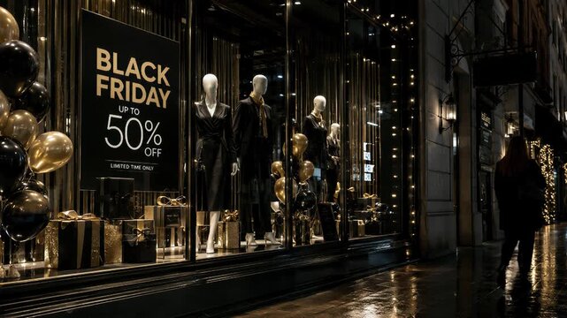 Shopper walks past fashion boutique with Black Friday sale display. Retail shopping and seasonal discounts. Holiday commerce and consumer spending. Luxury storefront on rainy city street.