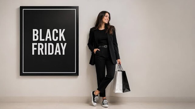 Woman with shopping bags beside Black Friday sign. Black Friday shopping, retail sale and consumer spending. Holiday promotion, bargain shopping and ecommerce concept. Copy space.