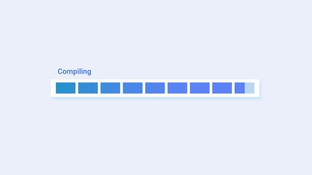 Minimal animated blue progress bar with segmented rectangular blocks and compiling status text on a soft pastel background, ideal for software development, coding interfaces, and digital loading scree