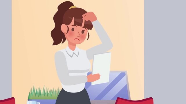 Confused office worker holding document while scratching her head in modern workplace interior scene