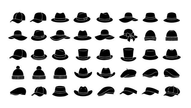 Hats, caps, and headwear styles solid black vector icon set.