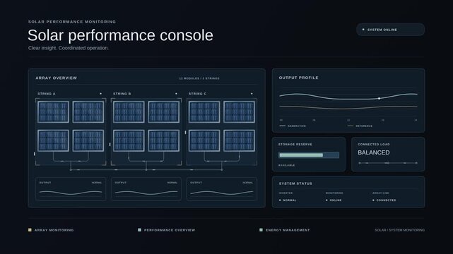 Solar performance console dashboard displaying energy output profiles and array monitoring data with digital graphs and system status metrics for renewable energy management and sustainable power grid