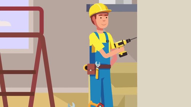 Construction worker in yellow hard hat holding power drill during home renovation project interior work