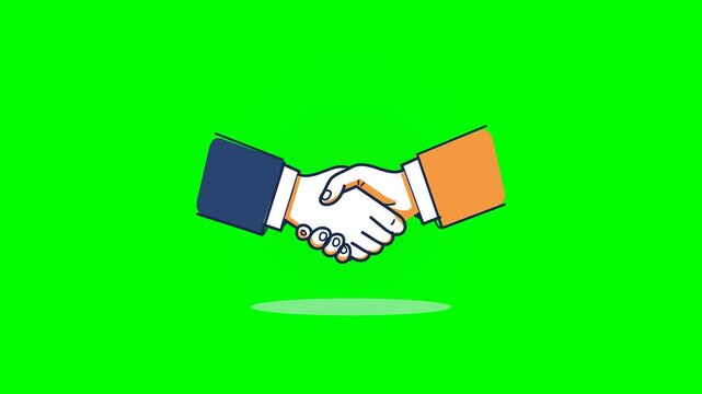 Cinematic 4K flat sketch vector animation of two business partners in navy and orange suits shaking hands in confident agreement, featuring firm hands.